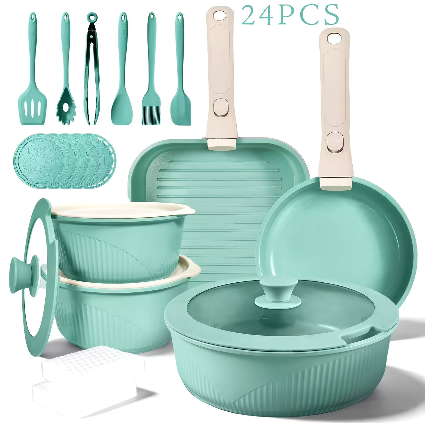 Nonstick Cookware Set 5/7/24 Piece Induction Ready with Detachable Handles – Stackable Pots & Pans Set Includes Skillet Frying Pan Soup Pot Steak Pan for Home RV Kitchen, Multiple Colors