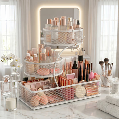 Bathroom Storage Rack 3-Tier Metal Countertop Organizer with Spray Bottle & Hooks – Rust-Resistant Diamond Mesh Shelf for Vanity, Skincare, Cosmetics & Toiletries
