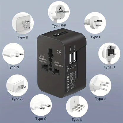 Universal Travel Adapter with Surge Protection - 2 USB & Type-C Ports, All-in-One International Plug for 350+ Countries, 100-240V Input, Fast Charging, Compact Lightweight Design, White & Black