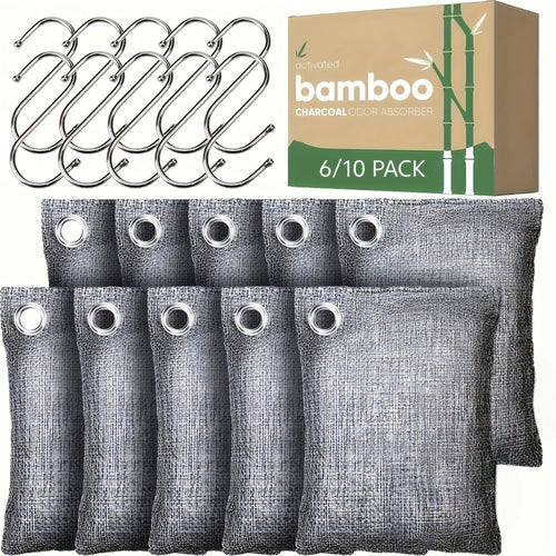Bamboo Charcoal Air Purifying Bags Odor Absorber Eliminator for Home Car Closet Pet Smoke Room Deodorizer Activated Charcoal Bags Unscented 6 Grids 10 Packs
