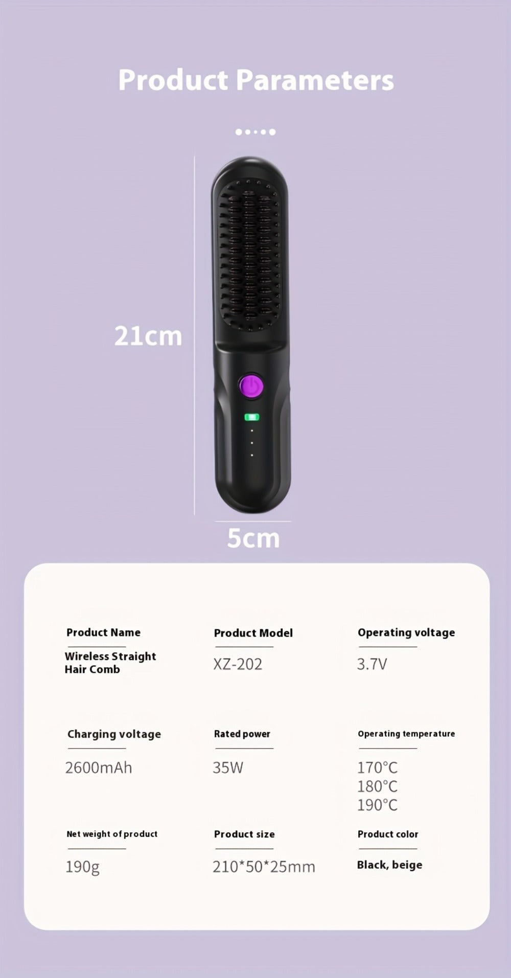 Wireless Hair Straightener Comb - Portable Cordless Straightening Brush with 3-Min Fast Heat, 3 Temp Settings 170-190°C, Negative Ion Technology, 3D Comb Design, Lightweight Travel Hair Straightener