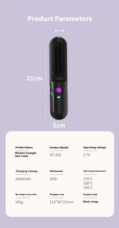 Wireless Hair Straightener Comb - Portable Cordless Straightening Brush with 3-Min Fast Heat, 3 Temp Settings 170-190°C, Negative Ion Technology, 3D Comb Design, Lightweight Travel Hair Straightener