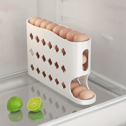 Egg Dispenser for Refrigerator, 4-Tier Automatic Rolling Egg Holder Rack – Space-Saving Egg Storage Organizer for Fridge, Kitchen Cabinet, Countertop and Table