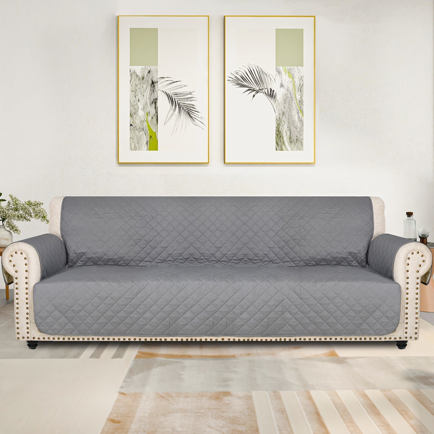 Sofa Slipcover 5-Layer Quilted Thick Sofa Cover Protector Elastic Strap Non-Slip Washable Pet Friendly Universal Fit 3 4 Seater Couch Cover for Living Room - 10 Colors