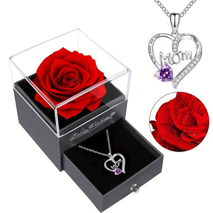 Preserved Real Rose Gift Box with I Love You in 100 Languages Necklace – Romantic Gifts for Girlfriend Wife Mom – Valentine's Day Birthday Mother's Day Christmas Gift Idea for Women