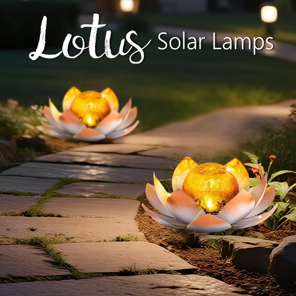 Solar Lotus Garden Lights 2-Pack – Rustic Iron Outdoor Stake Light with Cracked Glass Globe, IPX4 Waterproof Solar Powered Yard Lawn Patio Pool Decor, Warm Glow Landscape Lighting Gift