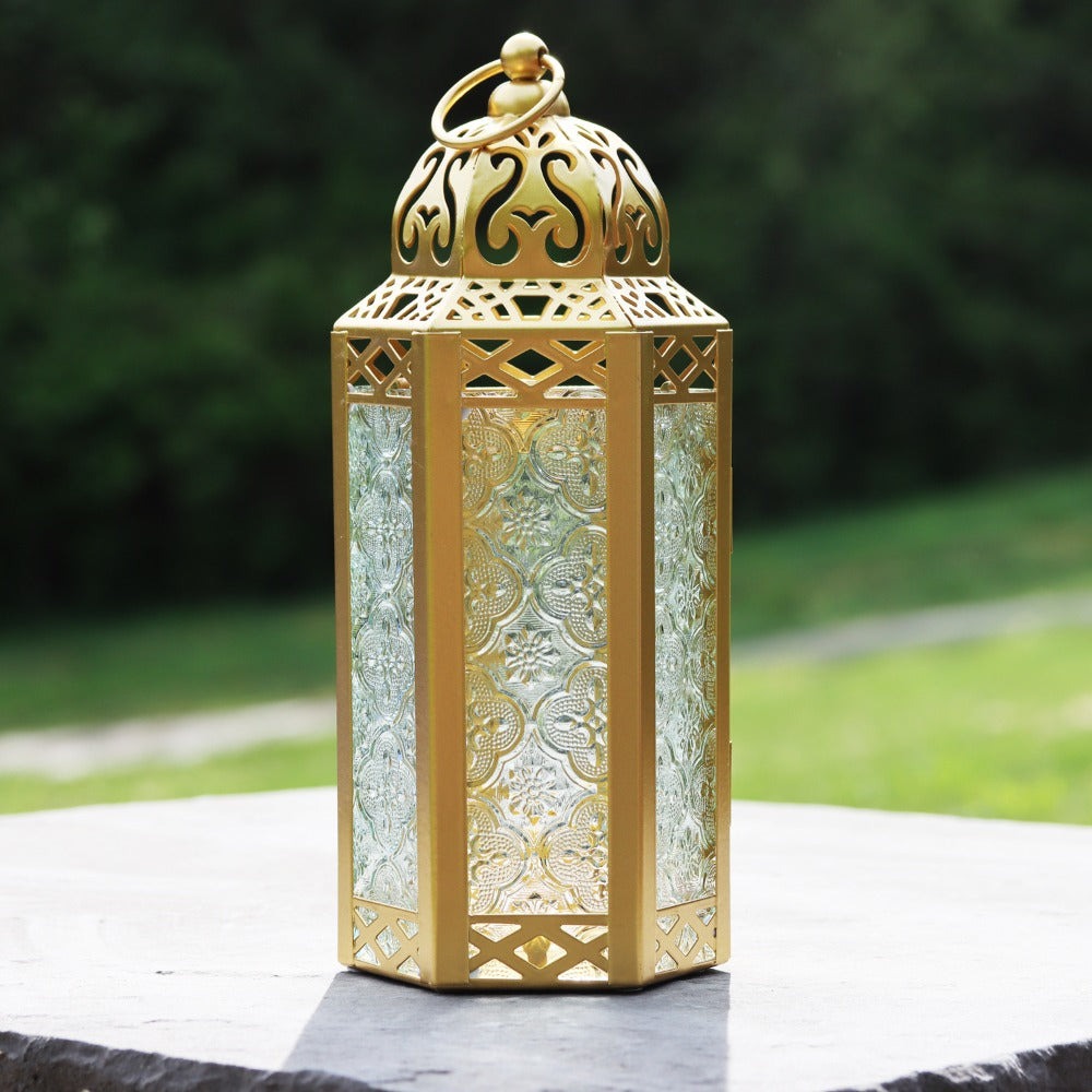 Moroccan Candle Lantern Holder - Decorative Metal & Glass Lantern with Embossed Floral Design for Indoor Home Decor, Garden, Patio, Weddings, Ramadan, Halloween & Holiday Celebrations - 10.5" Tall Medium Size