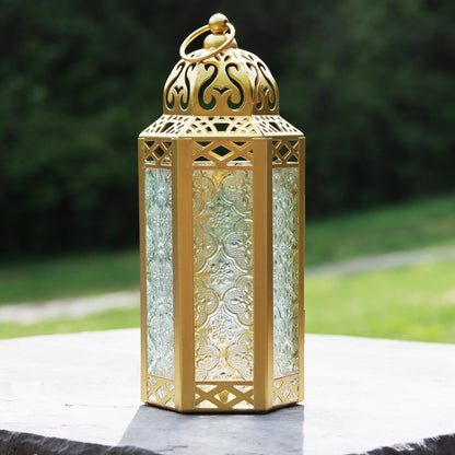 Moroccan Candle Lantern Holder - Decorative Metal & Glass Lantern with Embossed Floral Design for Indoor Home Decor, Garden, Patio, Weddings, Ramadan, Halloween & Holiday Celebrations - 10.5" Tall Medium Size