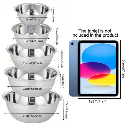 Stainless Steel Mixing Bowl Set 5-Pack with Measurement Markings for Kitchen Cooking Baking Salad Vegetable Washing Fruit Serving & Meal Prep – Stackable Nesting Bowls