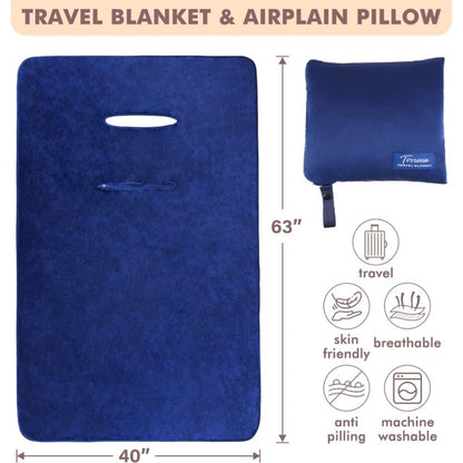 4-in-1 Travel Blanket Airplane - Soft Fleece Poncho Pillow Lumbar Support with Built-in Zipper Bag, Lightweight Packable 40x60in Blanket for Plane Car Office, Holiday Gift