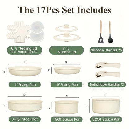 Ceramic Nonstick Cookware Set 17 Piece Pots and Pans with Removable Handles - PFOA Free Stackable Induction Ready Oven Dishwasher Safe RV Kitchen Set Frying Pans Sauce Pans Beige