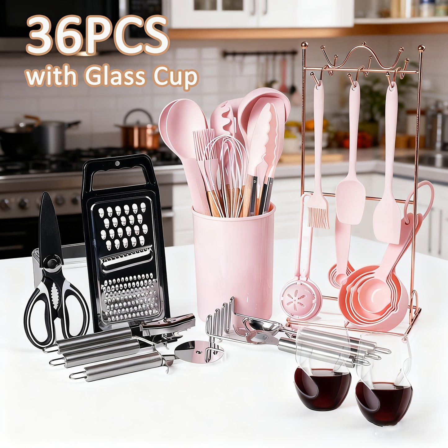 Silicone Cooking Utensils Set 35-Piece with Holder Rack Wooden Handle Heat Resistant Kitchen Tools for Non-Stick Pans – Complete Kitchen Utensil Set in Multiple Colors