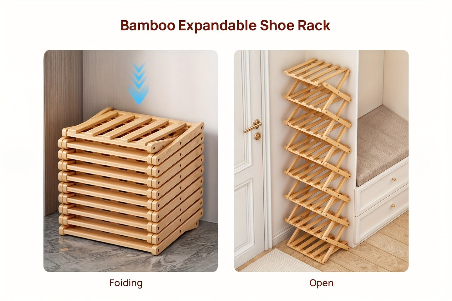 Bamboo Shoe Rack Foldable Multi-Tier – Space-Saving Shoe Storage Shelf, Easy Assembly Standalone Organizer for Entryway, Hallway, Bedroom, Bathroom & Office – 6 or 8 Tier Options
