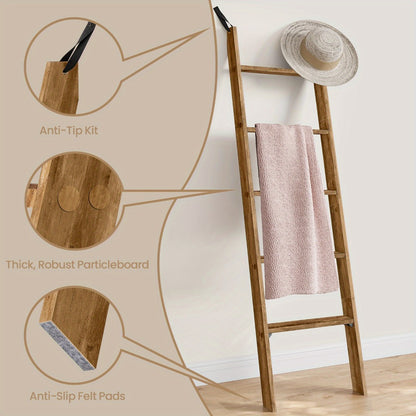 Blanket Ladder Shelf 5-Tier Freestanding Wood Ladder Rack for Blankets Towels Books Decor, Modern Farmhouse Ladder Shelf Wall Leaning Storage Organizer for Living Room Bedroom, 4 Colors