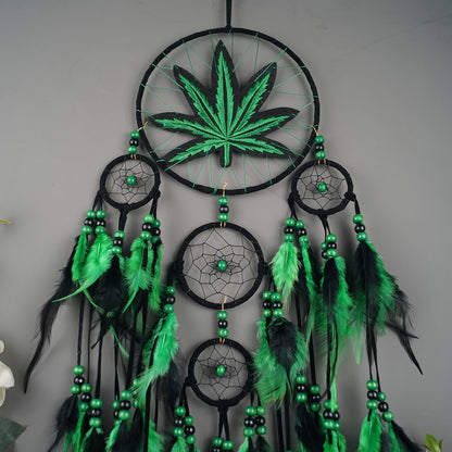 Bohemian Dream Catcher with Feathers & Leaf Embroidery – Boho Wall Hanging Decor for Bedroom, Bedside, Cabin & Living Room – Handcrafted Woven Dreamcatcher Gift for Women and Men
