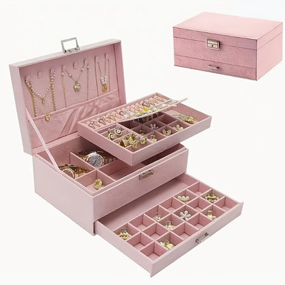 Velvet Jewelry Organizer Box with Lock & Drawers – Large Capacity Storage Case for Rings, Necklaces, Earrings & Bracelets, Travel Jewelry Box