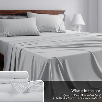 Bed Sheet Set 4-Piece Soft Breathable Cooling Sheets - Flat Sheet, Fitted Sheet & 2 Pillowcases, Wrinkle-Free Hotel Luxury Bedding, All Season Comfort