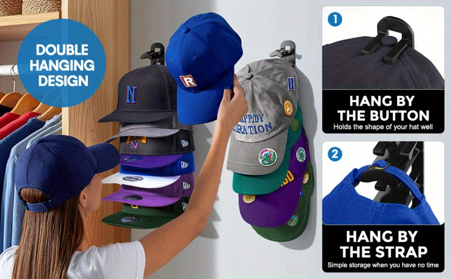 Wall Mounted Hat Rack for Baseball Caps – Adhesive or Drill Mount, Holds 20 Hats, Multilayer Storage, 2pcs