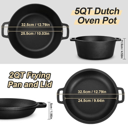 Cast Iron Dutch Oven 5 Quart Pre-Seasoned with Skillet Lid | 2-in-1 Non-Stick Crock Pot with Handles for Braising, Roasting & Casserole – All-in-One Cookware, Black