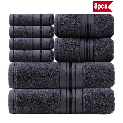 Cotton Bath Towel Set 8 Piece 550GSM Vintage Striped - 100% Cotton Hotel Quality Soft Absorbent Machine Washable | 2 Bath 2 Hand 4 Washcloths | 15 Colors | Bathroom Hotel Spa Gift