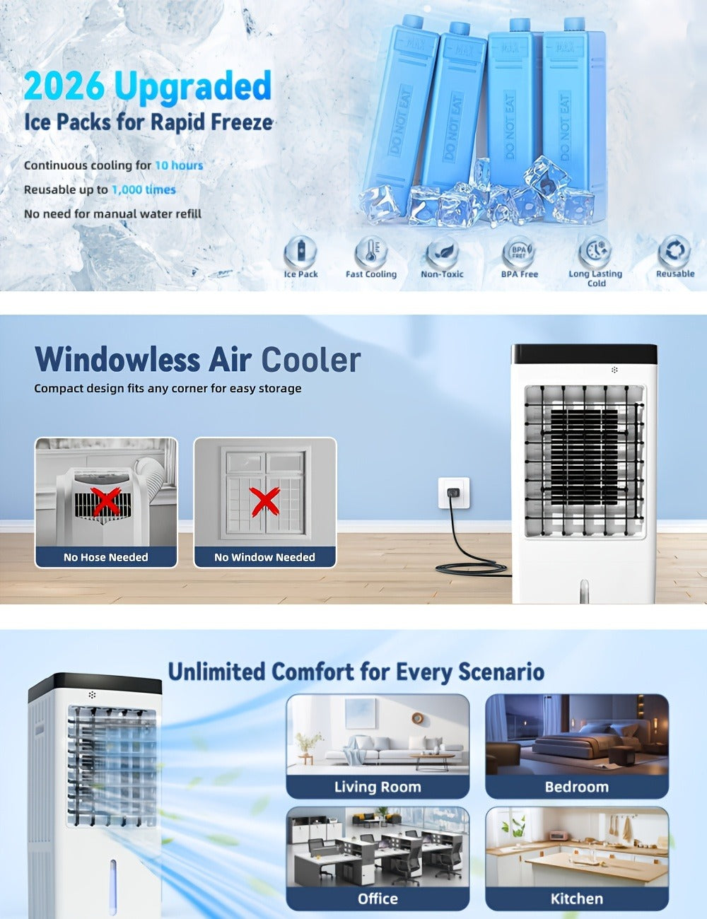 Outdoor Air Cooler 3-in-1 Evaporative Cooler Fan with Misting Humidifier 2.9 Gal Large Tank Remote Control 45° Oscillation for Patio Garden Deck BBQ White