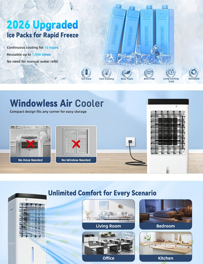 Outdoor Air Cooler 3-in-1 Evaporative Cooler Fan with Misting Humidifier 2.9 Gal Large Tank Remote Control 45° Oscillation for Patio Garden Deck BBQ White