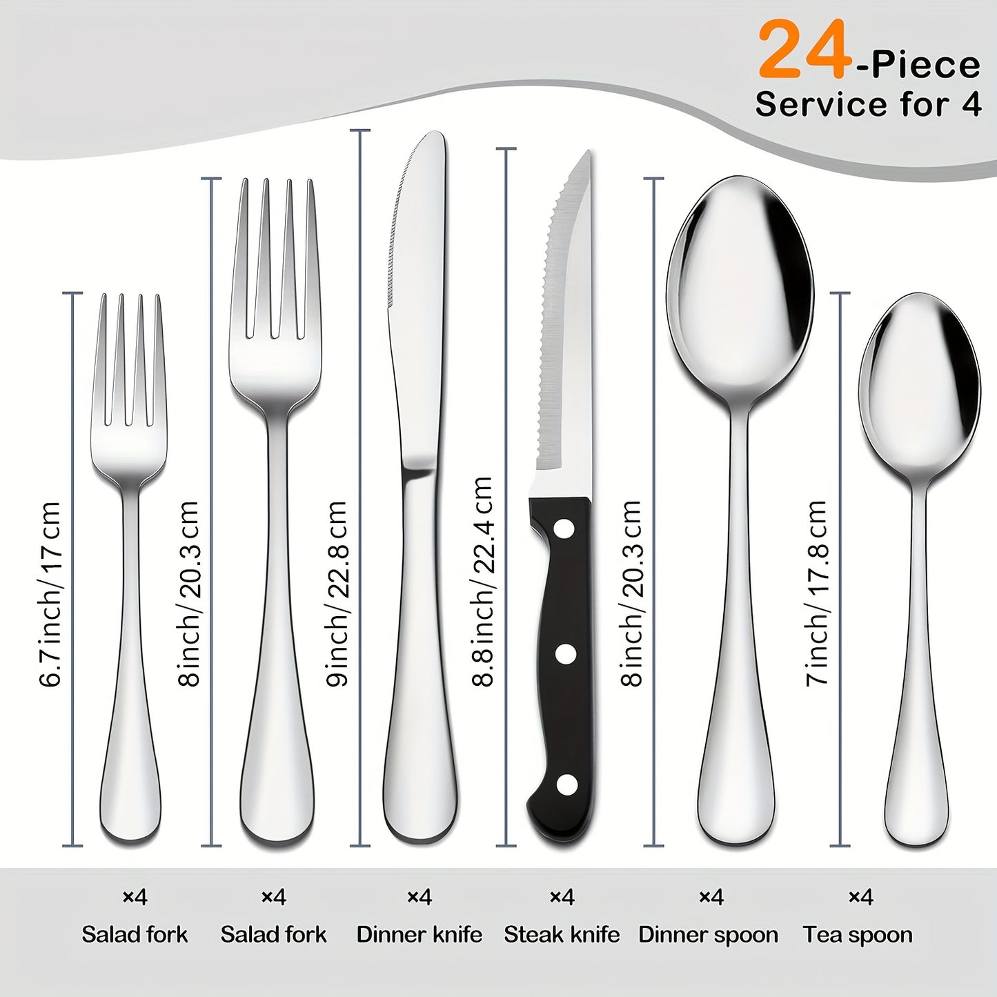 Stainless Steel Flatware Set with Steak Knives – 24/48 Piece Silverware Set Service for 4 or 8, Mirror Polished Cutlery, Dishwasher Safe, Silver & Black
