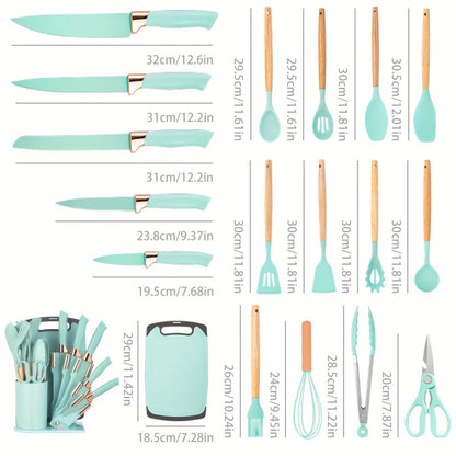 19-Piece Kitchen Knife & Utensil Set with Wooden Handles, Non-Stick Blades, Silicone Cooking Tools, Cutting Board, Scissors & Holder