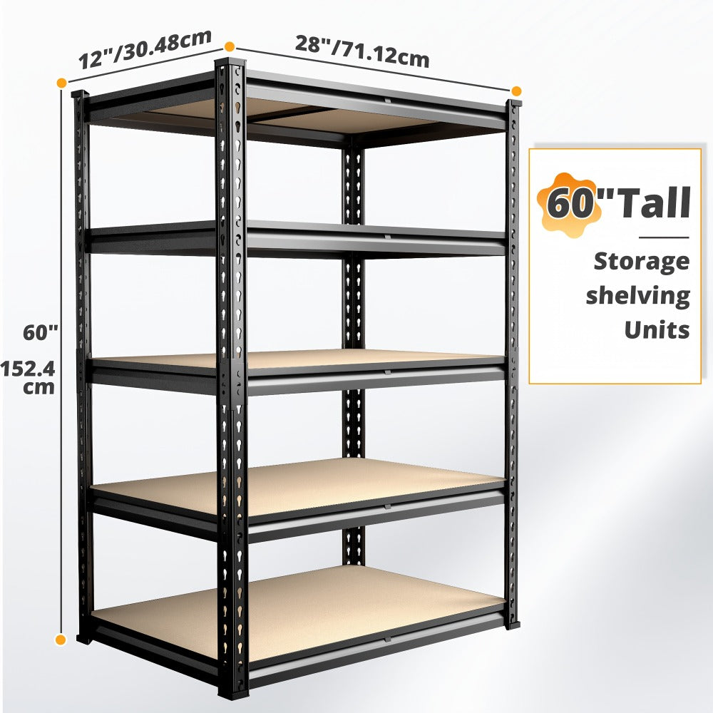 5-Tier Heavy Duty Garage Shelving Unit 2000LBS – Metal & Wood Storage Shelves, Adjustable Utility Rack for Garage, Basement, Pantry, Warehouse, Kitchen & Office, Tool-Free Assembly, Black