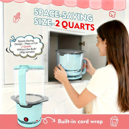 Oil-Free Popcorn Maker Hot Air Popcorn Machine 2-Minute Quick Popping 95% Pop Rate Built-In Serving Bowl Stackable Storage Hidden Cord Family Kitchen Gift