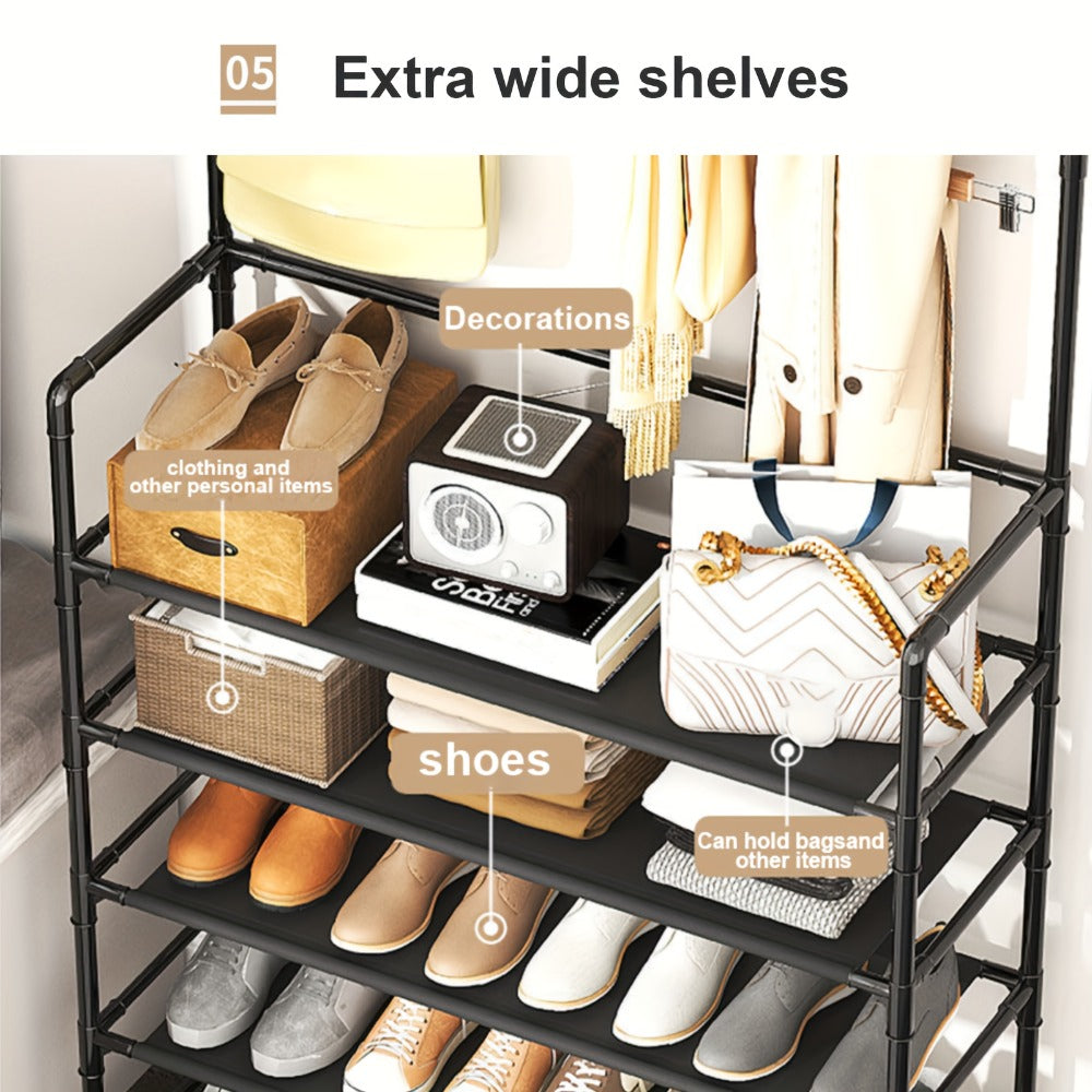Shoe Rack Organizer with 8 Double Hooks & Multi-Layer Storage Shelves – Floor Standing Coat Hat Holder for Entryway Bedroom Living Room