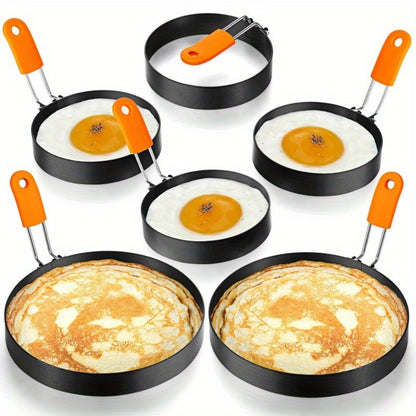 Egg Ring Set 6pcs Nonstick Stainless Steel Pancake Mold 4 Inch and 6 Inch Silicone Handle Round Griddle Shaper for Eggs Omelettes Pancakes Sandwiches Breakfast Cooking
