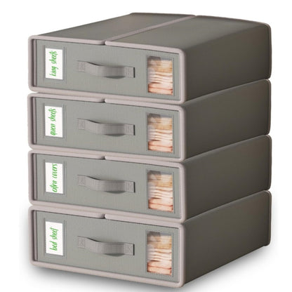 Bed Sheet Storage Organizer Boxes 4-Pack Foldable Fabric Bins with Clear Window & Label, Closet Bedding Storage Box for Sheets Duvet Covers Blankets Pillowcases, Oxford or Non-Woven, Grey Beige