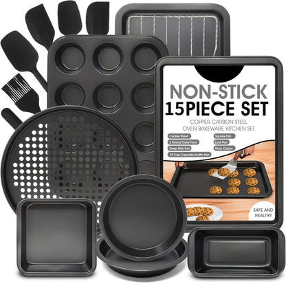 Nonstick Bakeware Set with Cooling Rack Cookie Sheet Cake Pans Loaf Muffin Pizza Pan Oven Safe Baking Pans Set for Kitchen 6 14 15 Piece