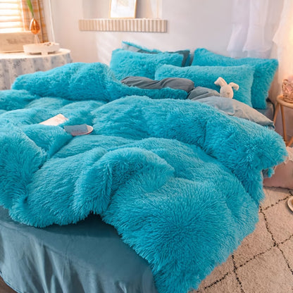 Fluffy Bedding Set 4pcs Soft Warm Plush Duvet Cover with Pillowcases Queen King - Cozy Autumn Winter Comforter Set 8 Colors