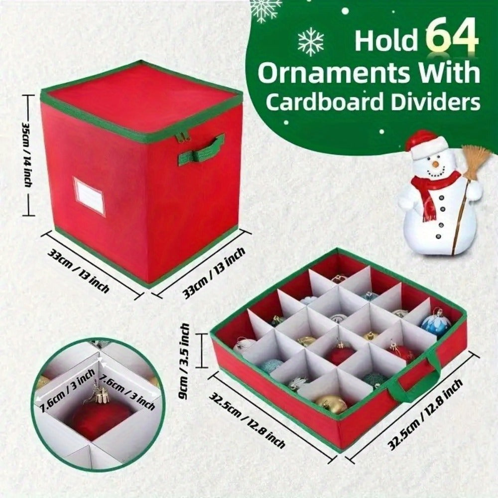 Christmas Ornament Storage Box – Holds Up to 64 Holiday Ornaments, Adjustable Dividers, Covered Lid & Dual Handles, Clear Protective Container Keeps Decorations Safe, Clean & Dust-Free