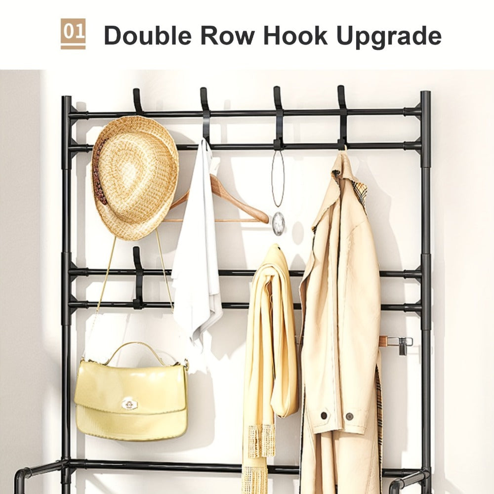Shoe Rack Organizer with 8 Double Hooks & Multi-Layer Storage Shelves – Floor Standing Coat Hat Holder for Entryway Bedroom Living Room