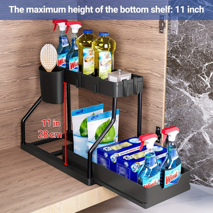 Under Sink Organizer 2pcs with Sliding Shelves – Durable Pull-Out Cabinet Storage for Bathroom Kitchen Space Saving Vertical Design