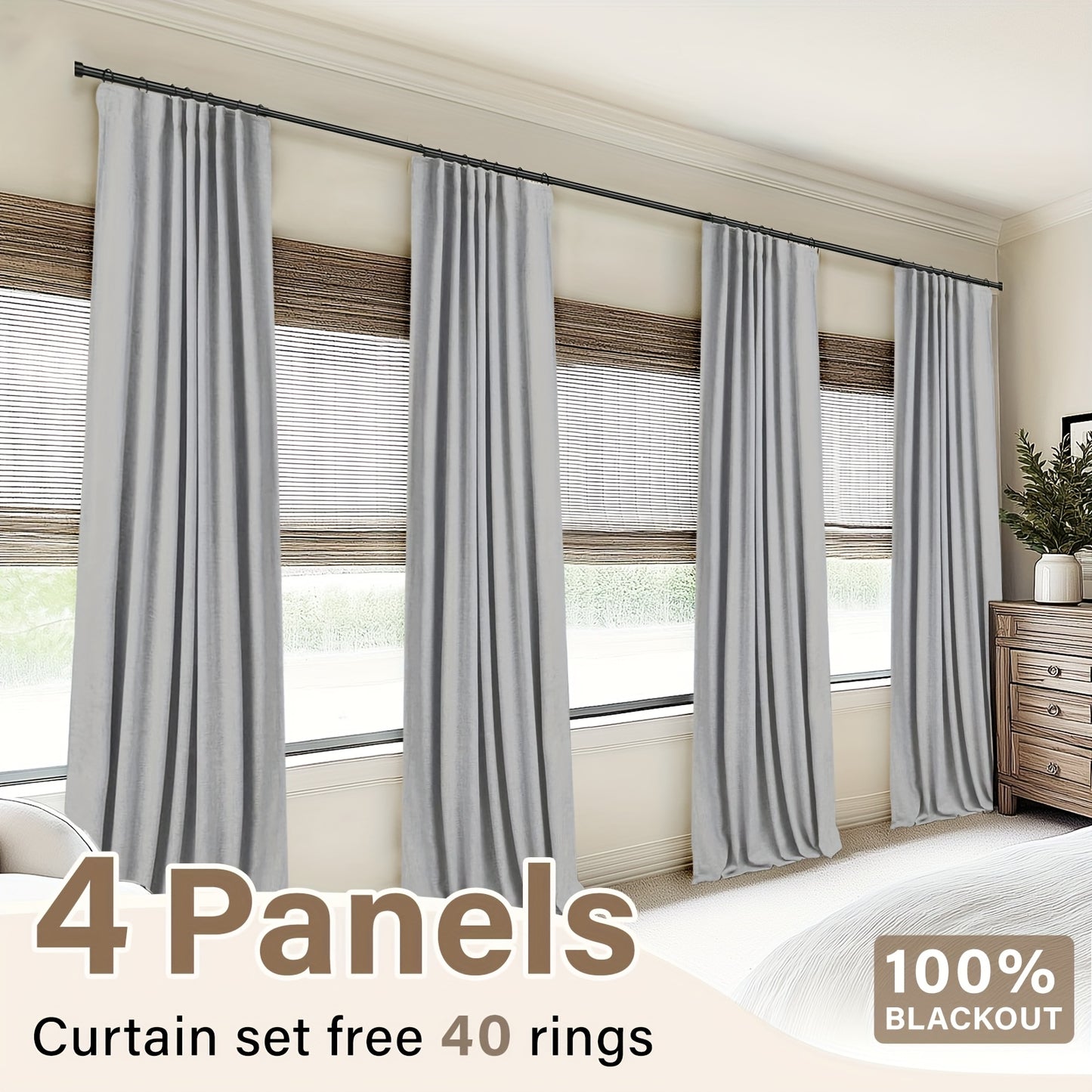 100% Blackout Curtains 4 Panels Faux Linen Textured Thermal Insulated Drapes - Room Darkening Window Curtains for Living Room Bedroom, Clip Rings & Rod Pocket, Energy Efficient Home Decor 50W x 84-120L