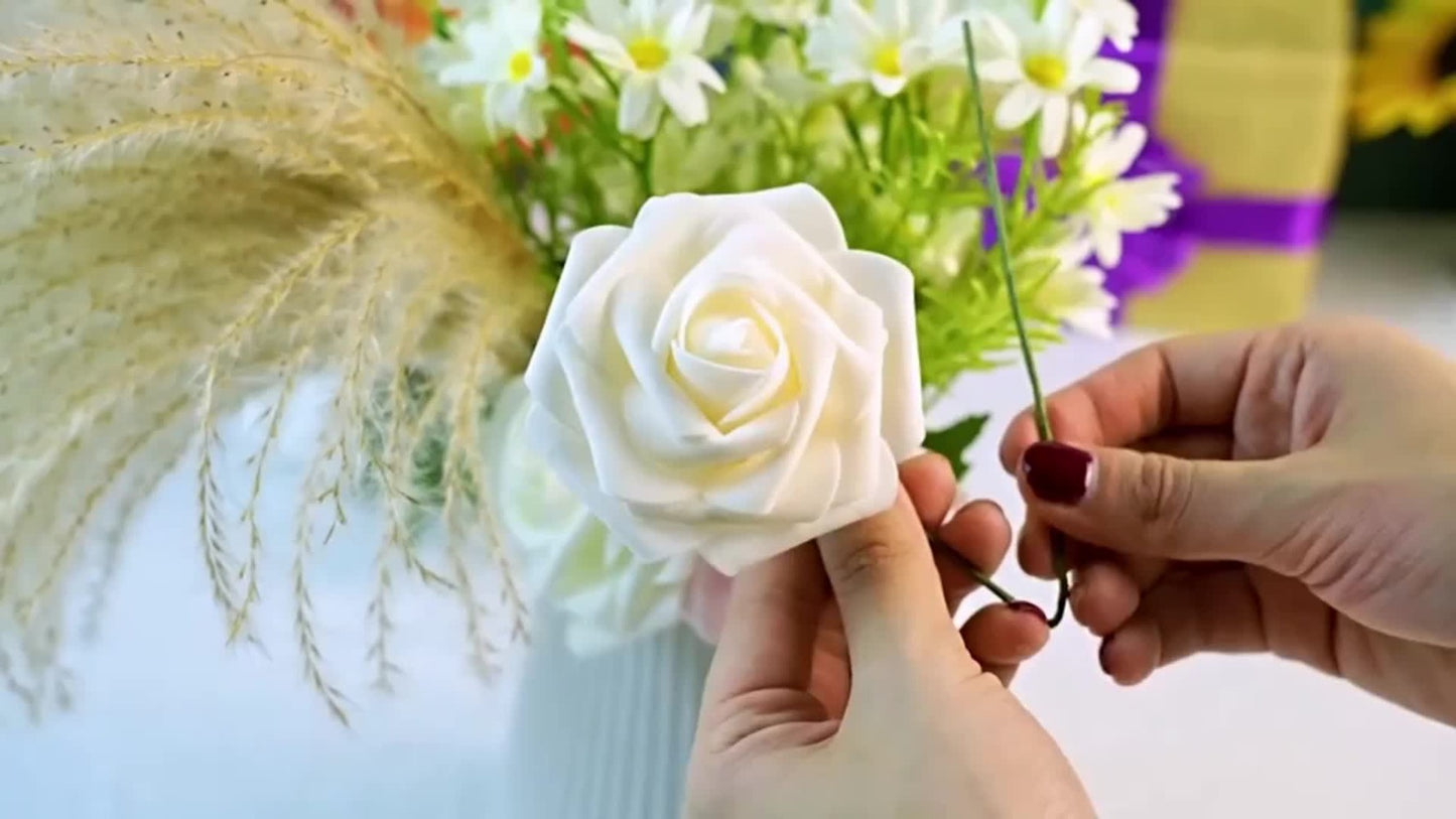 White Artificial Roses with Stem 50pcs – Realistic Fake Silk Rose Flowers for Wedding Bouquets, Centerpieces, Home Decor & DIY Floral Arrangements