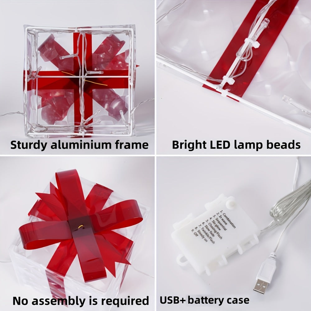 Christmas Light-Up Gift Boxes Set of 3 – USB & Battery LED Warm White Lighted Decorations with Timer, 8 Lighting Modes, Red Bow, Indoor Outdoor Holiday Home Decor