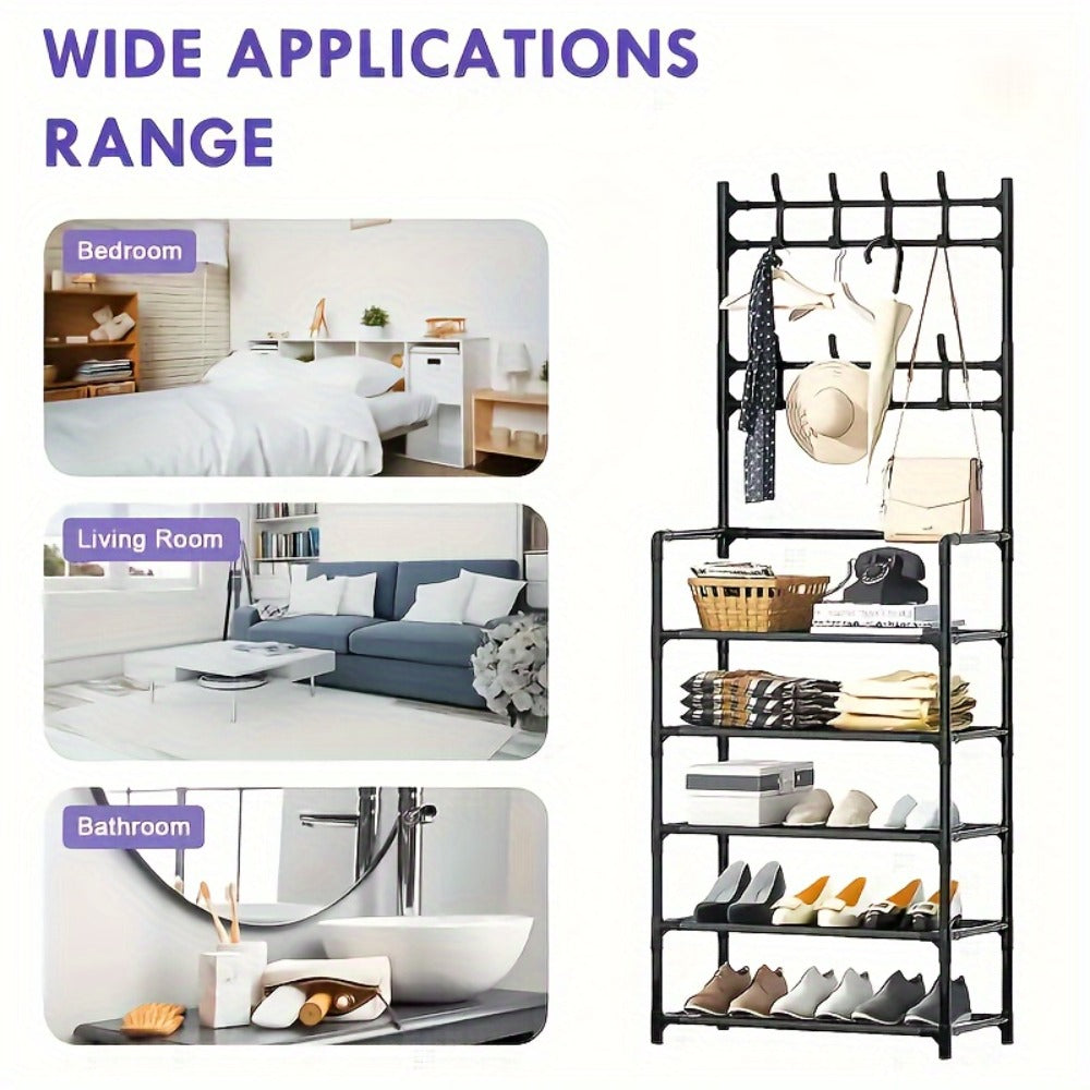 Shoe Rack Organizer with 8 Double Hooks & Multi-Layer Storage Shelves – Floor Standing Coat Hat Holder for Entryway Bedroom Living Room