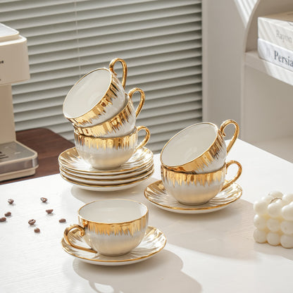 European Ceramic Coffee Cup and Saucer Set of 6 – Light Luxury 8.45oz Porcelain Tea Cups with Plates | Elegant Floral Dinnerware for Wedding Mother's Day Holiday Gift