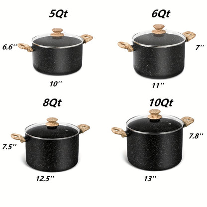 Nonstick Stock Pot Granite Soup Pot with Lid Induction Compatible Aluminum PFOA Free Stay Cool Handle for Soup Stew Pasta Seafood Curry 5qt 6qt 8qt 10qt Black White