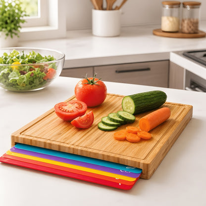 Bamboo Cutting Board Set for Kitchen – Food-Safe Cheese Platter & Charcuterie Board for Meat, Cheese, Bread, Vegetables & Fruits, Perfect Home Kitchen Gadget or Housewarming Gift, 1pc or 7pcs Set