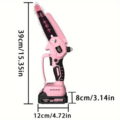 Mini Chainsaw 6 Inch 21V Cordless Battery Powered | Handheld Electric Chain Saw for Tree Branch Trimming Wood Cutting | Lightweight Portable Pruning Saw Pink