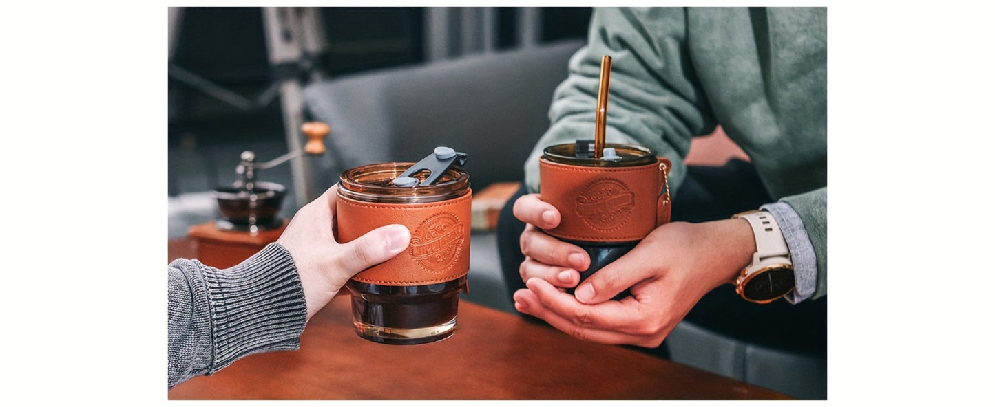 Glass Coffee Cup with Straw 14 Oz – BPA-Free Glass Travel Mug & Water Bottle for Men & Women – Tumbler for Coffee, Juice & Office Use – Easy to Clean – Brown & Dark Green