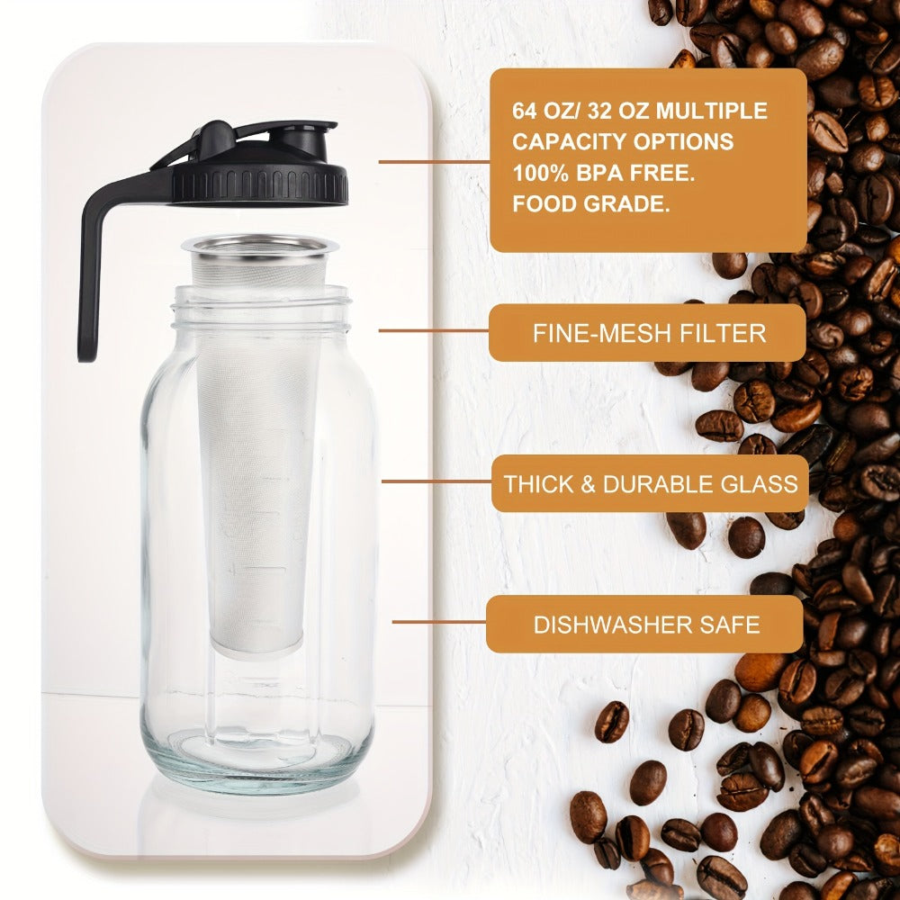 Cold Brew Coffee Pot Set with Stainless Steel Filters & Cleaning Brush - 32oz Glass Mason Jar Cold Brew Maker for Home, Kitchen & Restaurant, Multi-Serve Cold Brew Pitcher Set for Family & Entertaining