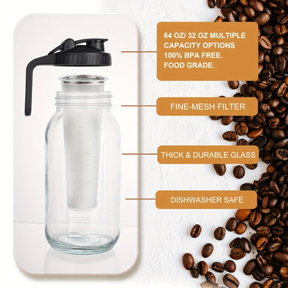 Cold Brew Coffee Pot Set with Stainless Steel Filters & Cleaning Brush - 32oz Glass Mason Jar Cold Brew Maker for Home, Kitchen & Restaurant, Multi-Serve Cold Brew Pitcher Set for Family & Entertaining