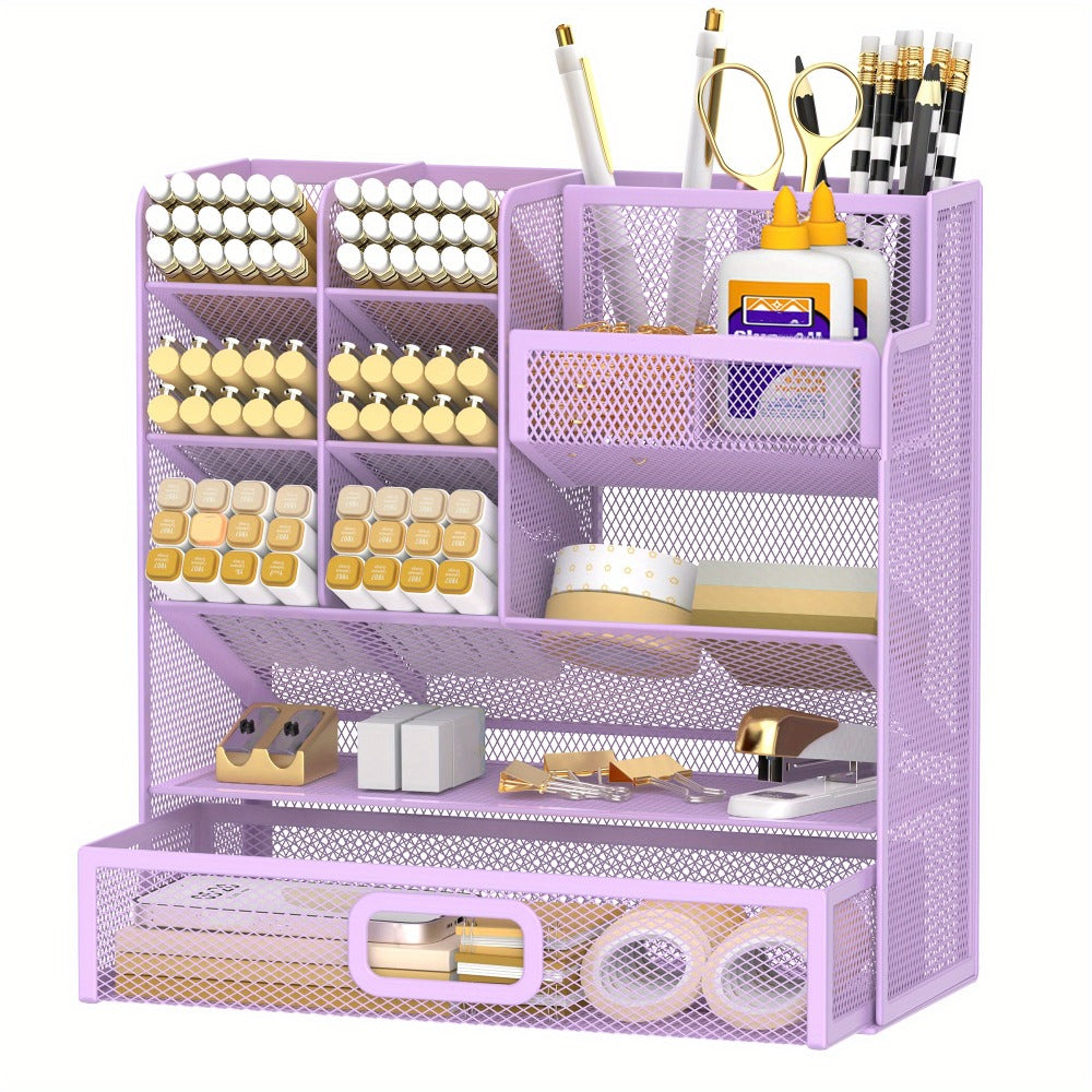 Mesh Desk Organizer with Drawer – Multifunctional Desktop Pen Holder & Office Supply Organizer for Home Office, School & Art Studio – Pencil Cup Caddy with Storage Compartments, Multiple Colors Available